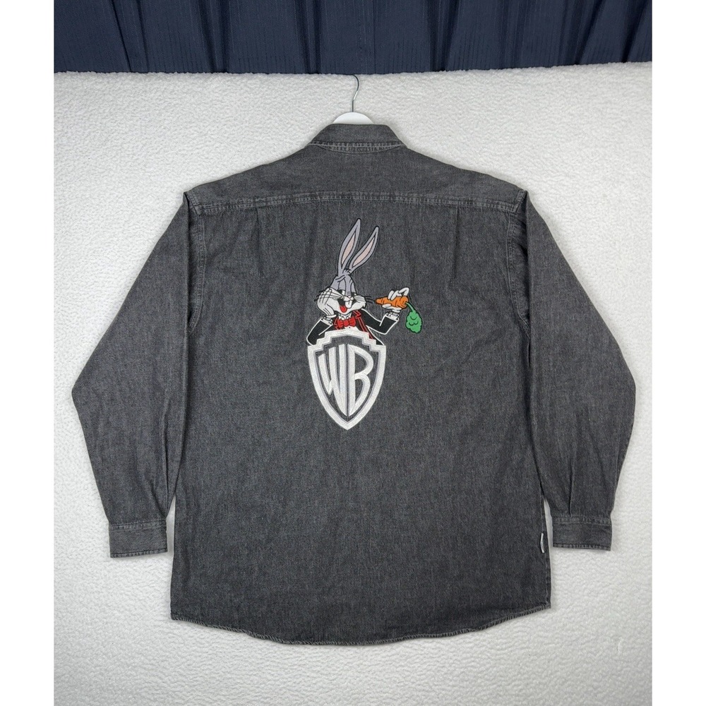 VTG 1991 Warner Bros. BUGS BUNNY Black Denim Chambray Button Down Shirt L/XL